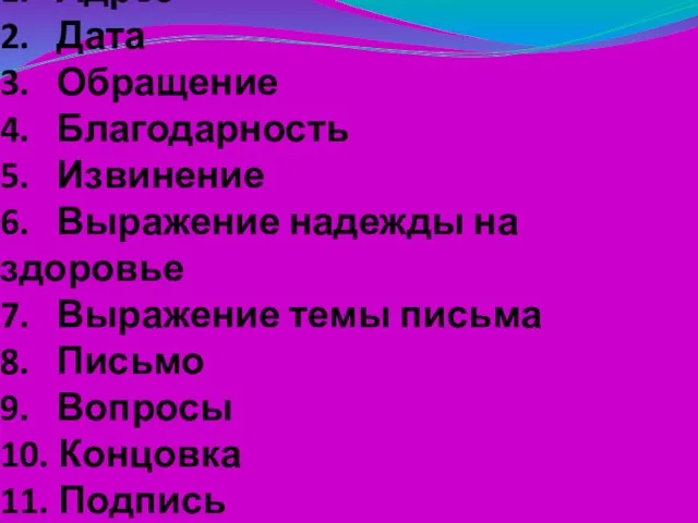 1. Адрес 2. Дата 3. Обращение 4. Благодарность 5. Извинение 6. Выражение