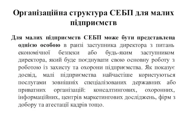 Організаційна структура СЕБП для малих підприємств Для малих підприємств СЕБП може бути