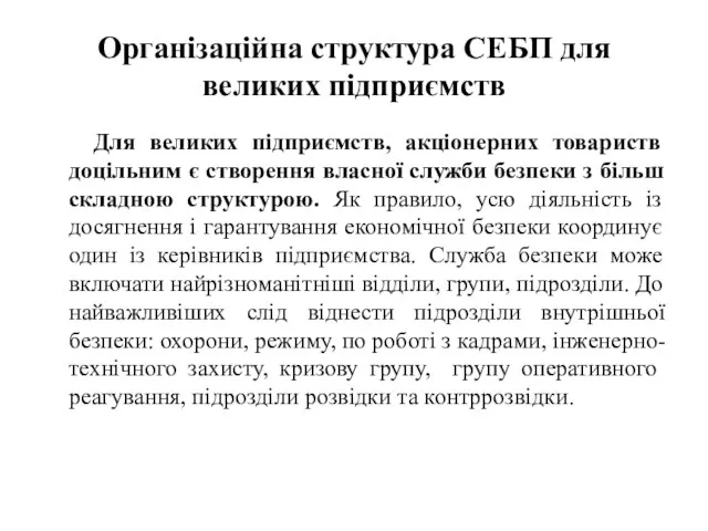 Організаційна структура СЕБП для великих підприємств Для великих підприємств, акціонерних товариств доцільним