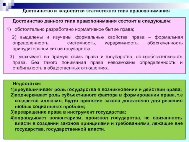 Достоинство и недостатки этатистского типа правопонимания Достоинство данного типа правопонимания состоит в