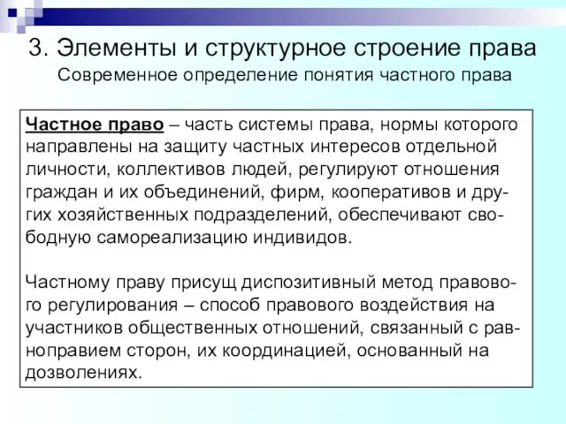 Современное определение понятия частного права Частное право – часть системы права, нормы