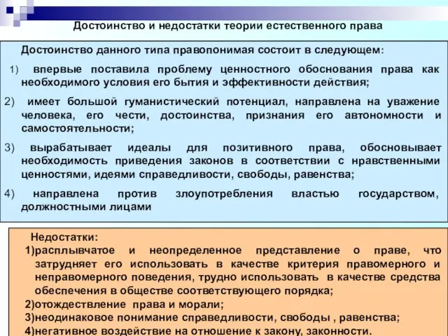 Достоинство и недостатки теории естественного права Достоинство данного типа правопонимая состоит в