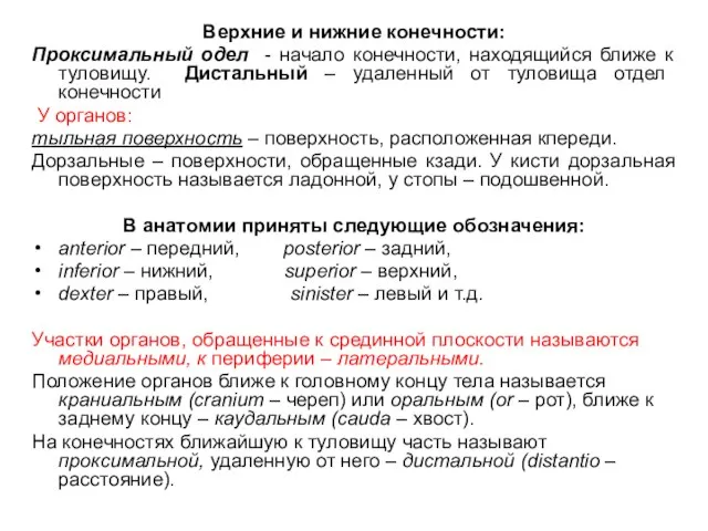 Верхние и нижние конечности: Проксимальный одел - начало конечности, находящийся ближе к