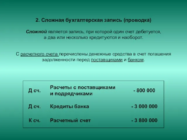 2. Сложная бухгалтерская запись (проводка) Сложной является запись, при которой один счет