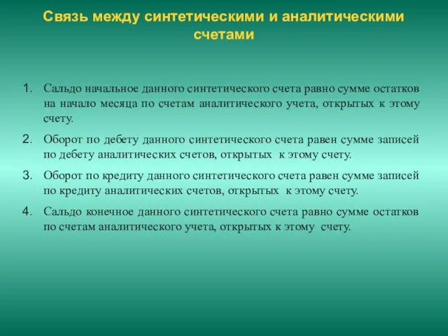 Связь между синтетическими и аналитическими счетами Сальдо начальное данного синтетического счета равно