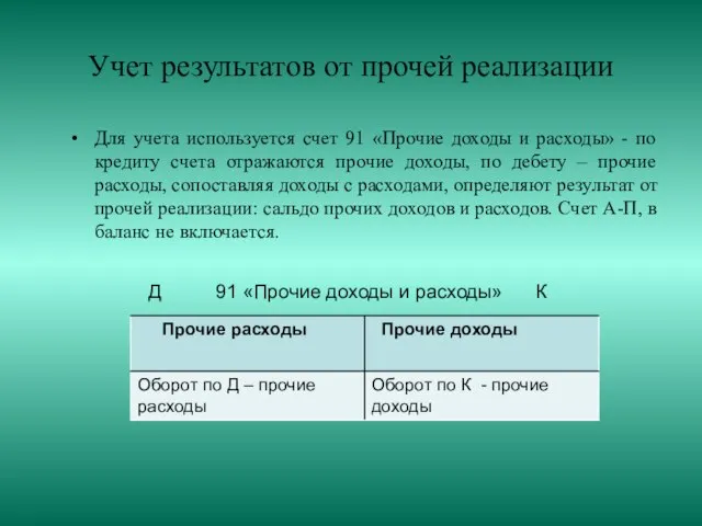 Учет результатов от прочей реализации Для учета используется счет 91 «Прочие доходы