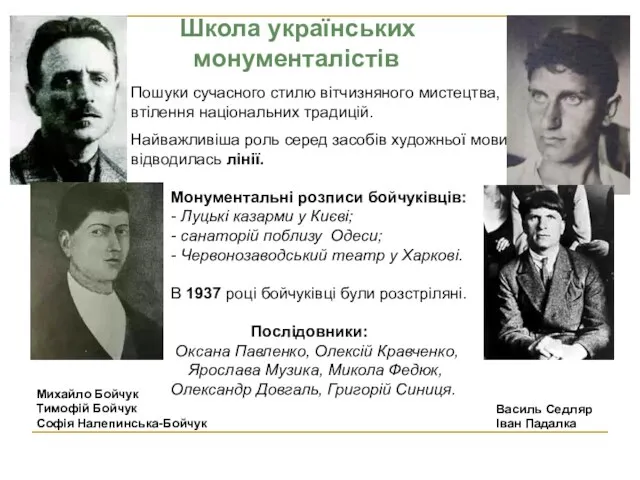 Школа українських монументалістів Михайло Бойчук Тимофій Бойчук Софія Налепинська-Бойчук Василь Седляр Іван