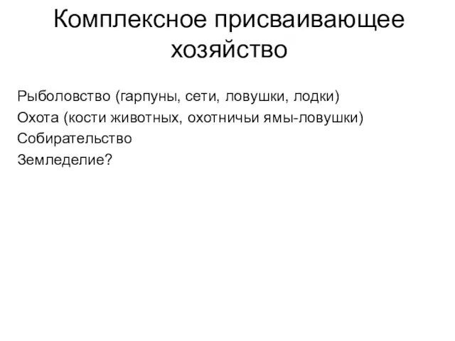 Комплексное присваивающее хозяйство Рыболовство (гарпуны, сети, ловушки, лодки) Охота (кости животных, охотничьи ямы-ловушки) Собирательство Земледелие?