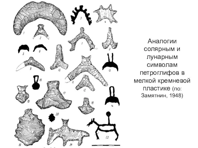 Аналогии солярным и лунарным символам петроглифов в мелкой кремневой пластике (по: Замятнин, 1948)