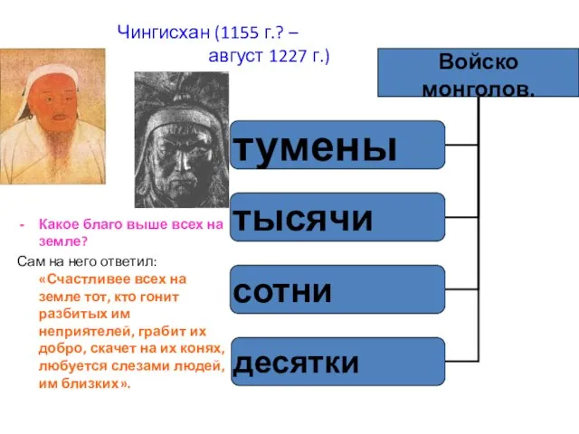 Чингисхан (1155 г.? – август 1227 г.) Какое благо выше всех на