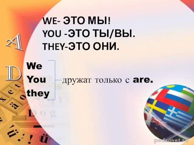 WE- ЭТО МЫ! YOU -ЭТО ТЫ/ВЫ. THEY-ЭТО ОНИ. We You дружат только с are. they