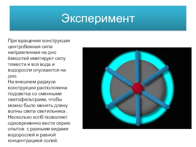 Эксперимент При вращении конструкции центробежная сила направленная на дно ёмкостей имитирует силу