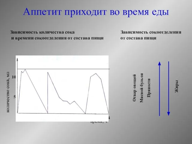 Аппетит приходит во время еды Зависимость сокоотделения от состава пищи Отвар овощей