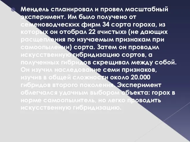 Мендель спланировал и провел масштабный эксперимент. Им было получено от семеноводческих фирм