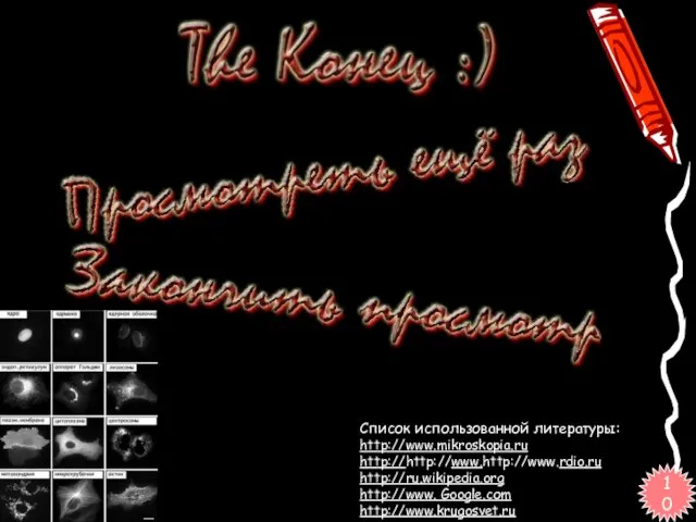 Список использованной литературы: http://www.mikroskopia.ru http://http://www.http://www.rdio.ru http://ru.wikipedia.org http://www. Google.соm http://www.krugosvet.ru 10