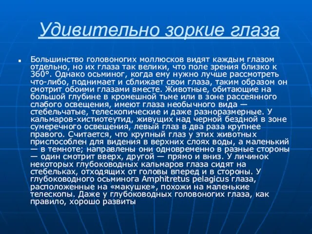 Удивительно зоркие глаза Большинство головоногих моллюсков видят каждым глазом отдельно, но их