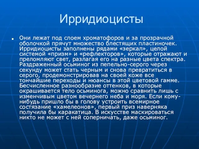 Ирридиоцисты Они лежат под слоем хроматофоров и за прозрачной оболочкой прячут множество