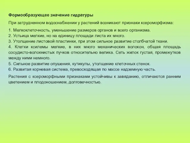 Формообразующее значение гидратуры При затрудненном водоснабжении у растений возникают признаки ксероморфизма: 1.