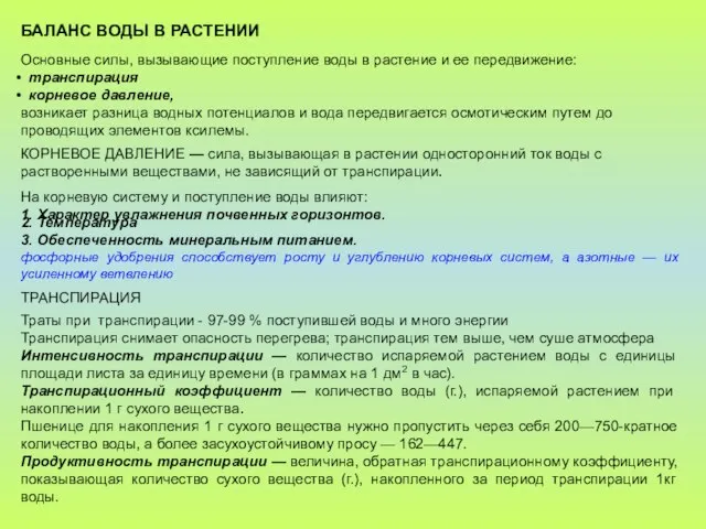 БАЛАНС ВОДЫ В РАСТЕНИИ Основные силы, вызывающие поступление воды в растение и