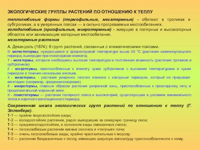 ЭКОЛОГИЧЕСКИЕ ГРУППЫ РАСТЕНИЙ ПО ОТНОШЕНИЮ К ТЕПЛУ теплолюбивые формы (термофильные, мегатермные) -