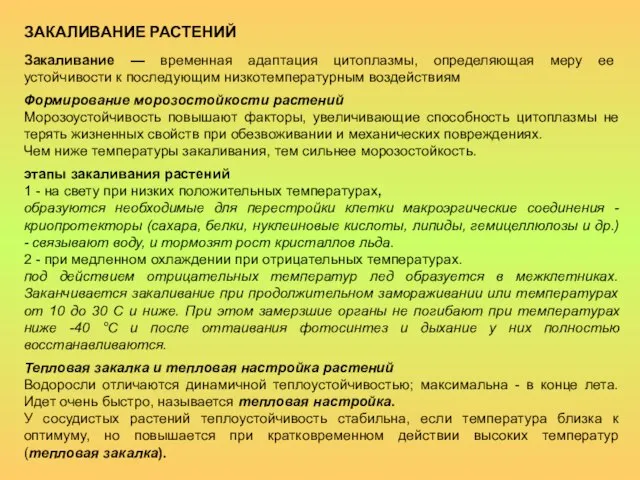 ЗАКАЛИВАНИЕ РАСТЕНИЙ Закаливание — временная адаптация цитоплазмы, определяющая меру ее устойчивости к