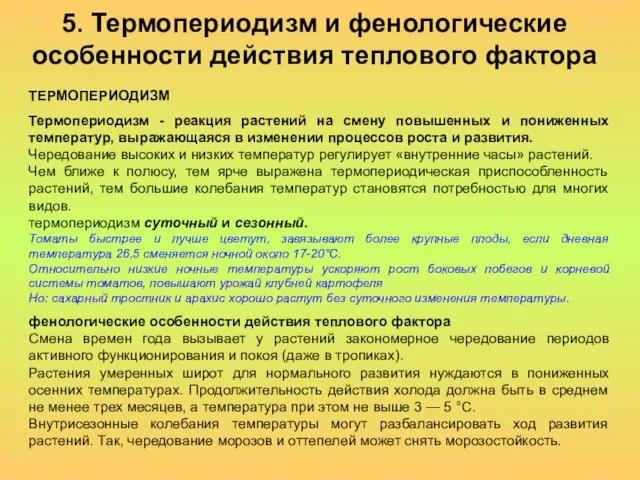 5. Термопериодизм и фенологические особенности действия теплового фактора ТЕРМОПЕРИОДИЗМ Термопериодизм - реакция