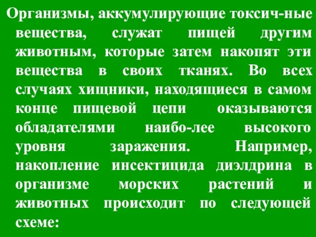 Организмы, аккумулирующие токсич-ные вещества, служат пищей другим животным, которые затем накопят эти