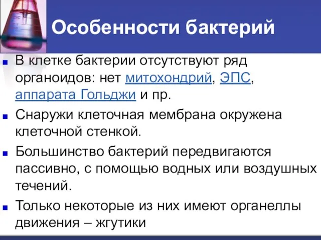 Особенности бактерий В клетке бактерии отсутствуют ряд органоидов: нет митохондрий, ЭПС, аппарата