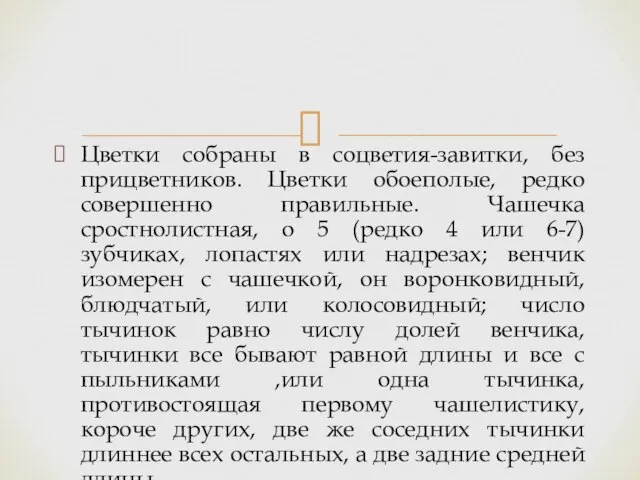 Цветки собраны в соцветия-завитки, без прицветников. Цветки обоеполые, редко совершенно правильные. Чашечка