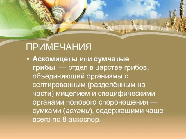 ПРИМЕЧАНИЯ Аскомицеты или сумчатые грибы — отдел в царстве грибов, объединяющий организмы