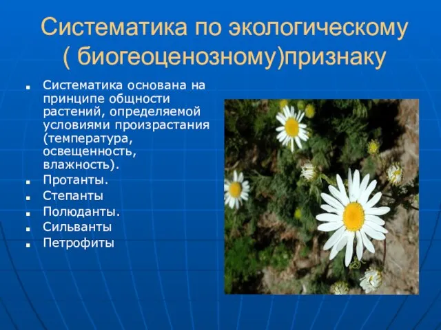 Систематика по экологическому ( биогеоценозному)признаку Систематика основана на принципе общности растений, определяемой