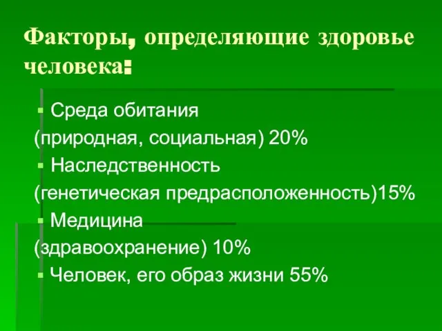 Факторы, определяющие здоровье человека: Среда обитания (природная, социальная) 20% Наследственность (генетическая предрасположенность)15%