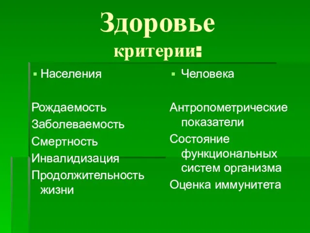 Здоровье критерии: Населения Рождаемость Заболеваемость Смертность Инвалидизация Продолжительность жизни Человека Антропометрические показатели