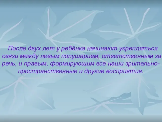 После двух лет у ребёнка начинают укрепляться связи между левым полушарием, ответственным