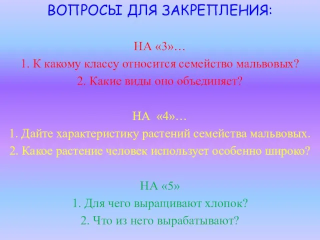 ВОПРОСЫ ДЛЯ ЗАКРЕПЛЕНИЯ: НА «3»… 1. К какому классу относится семейство мальвовых?