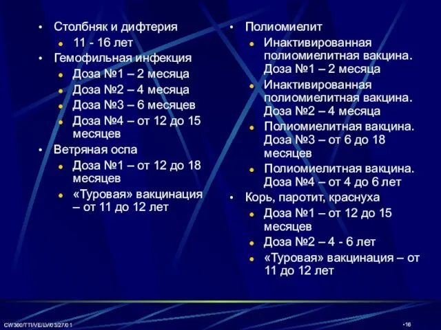 CW360/TTI/VE/LV/03/27/01 Столбняк и дифтерия 11 - 16 лет Гемофильная инфекция Доза №1