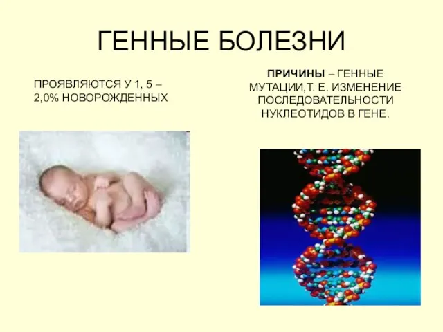 ГЕННЫЕ БОЛЕЗНИ ПРОЯВЛЯЮТСЯ У 1, 5 – 2,0% НОВОРОЖДЕННЫХ ПРИЧИНЫ – ГЕННЫЕ