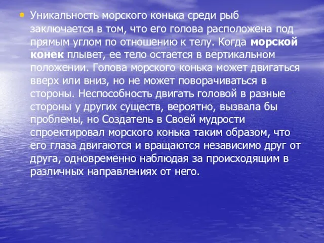 Уникальность морского конька среди рыб заключается в том, что его голова расположена