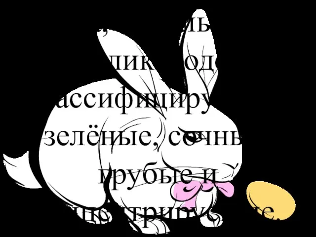Корма, используемые в кролиководстве, классифицируют на зелёные, сочные, грубые и концентрируемые.