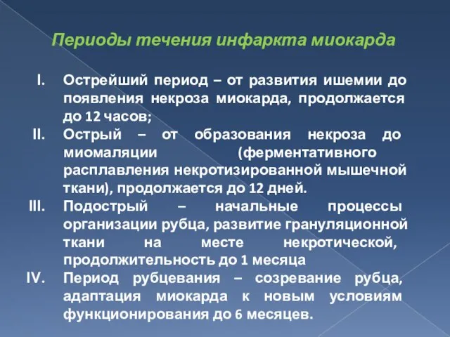 Периоды течения инфаркта миокарда Острейший период – от развития ишемии до появления