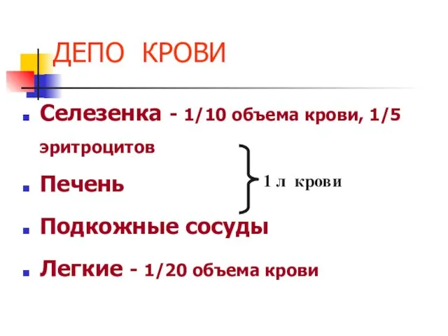 ДЕПО КРОВИ Селезенка - 1/10 объема крови, 1/5 эритроцитов Печень Подкожные сосуды