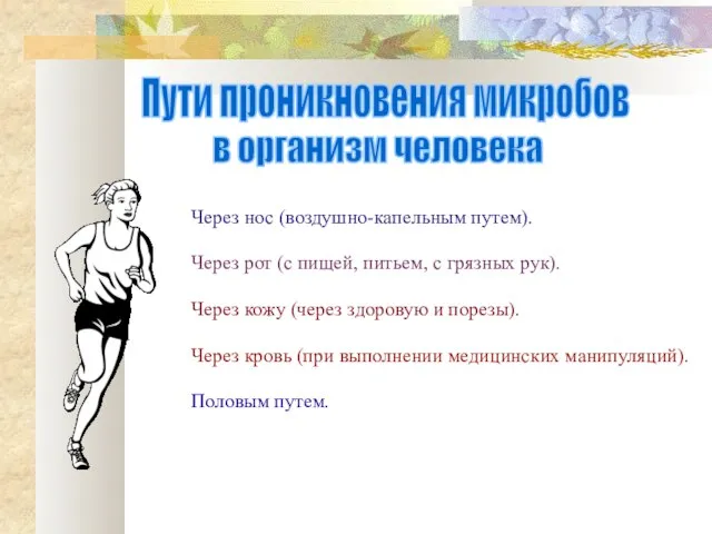 Пути проникновения микробов в организм человека Через нос (воздушно-капельным путем). Через рот