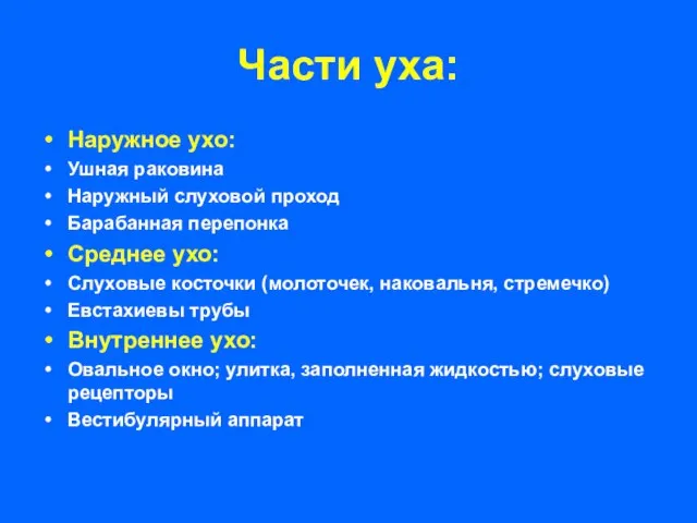 Части уха: Наружное ухо: Ушная раковина Наружный слуховой проход Барабанная перепонка Среднее