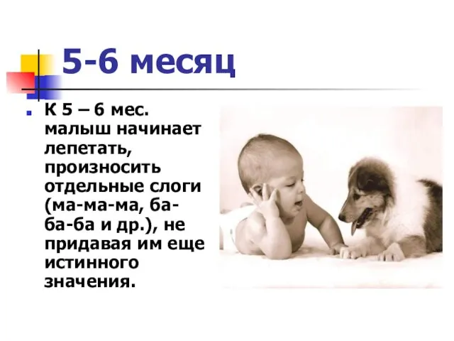 5-6 месяц К 5 – 6 мес. малыш начинает лепетать, произносить отдельные