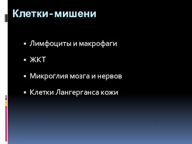 Клетки-мишени Лимфоциты и макрофаги ЖКТ Микроглия мозга и нервов Клетки Лангерганса кожи