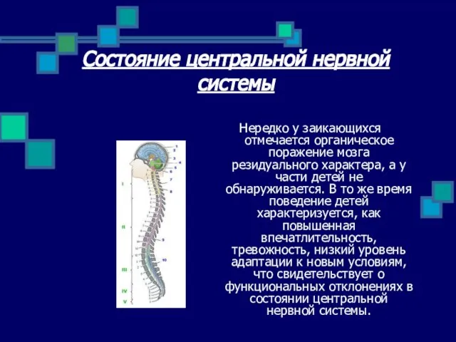 Состояние центральной нервной системы Нередко у заикающихся отмечается органическое поражение мозга резидуального