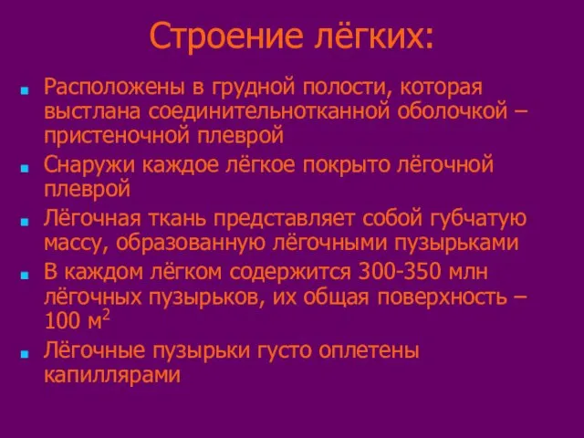 Строение лёгких: Расположены в грудной полости, которая выстлана соединительнотканной оболочкой – пристеночной