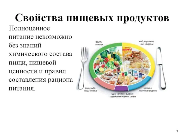 Свойства пищевых продуктов Полноценное питание невозможно без знаний химического состава пищи, пищевой