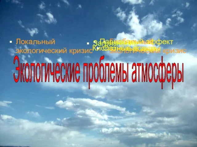 Экологические проблемы атмосферы Локальный экологический кризис Глобальный экологический кризис Кислотные дожди Парниковый эффект Озоновые дыры Загрязнение