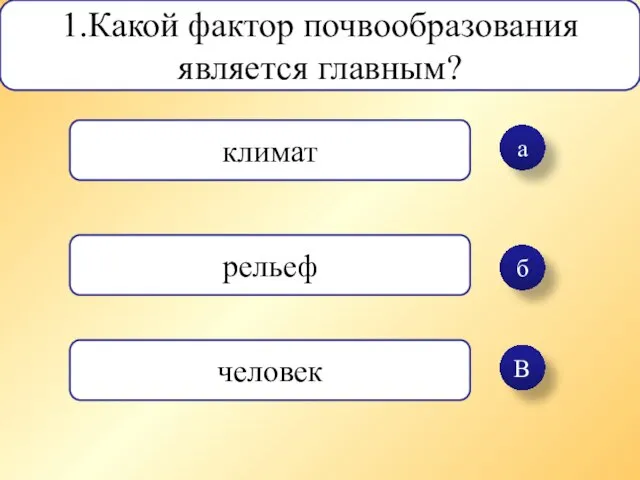 а б В 1.Какой фактор почвообразования является главным? климат рельеф человек